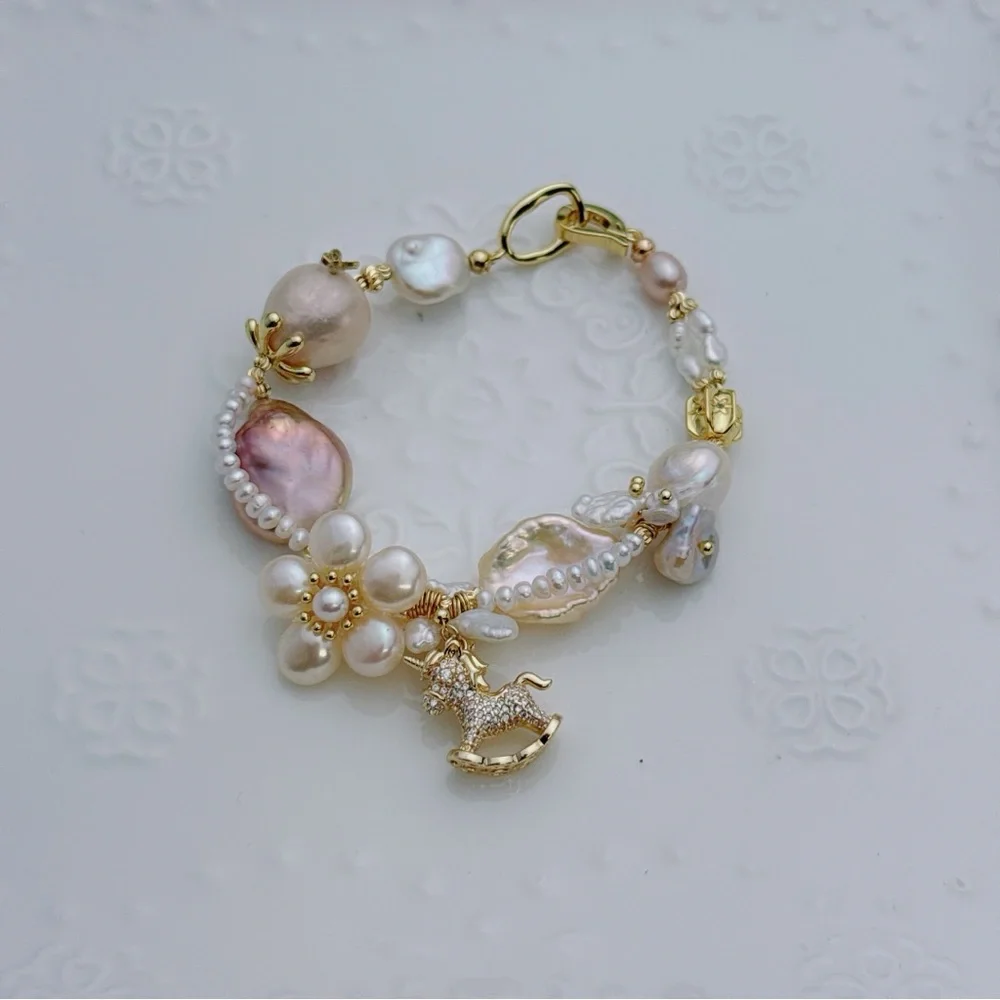 26B275 New Handmade Freshwater Baroque Bracelet 7” Gold Plated - Picture 5 of 11